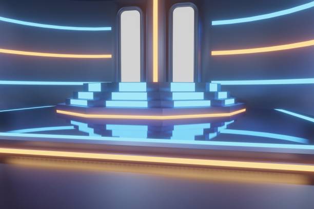 istock 3d render, glowing lines, tunnel, neon lights, virtual reality, abstract background, square portal, arch, pink blue spectrum vibrant colors, laser show 1453703548
