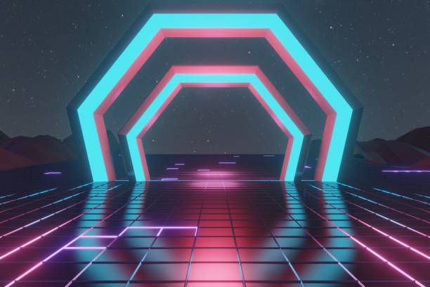 istock 3d render, glowing lines, tunnel, neon lights, virtual reality, abstract background, square portal, arch, pink blue spectrum vibrant colors, laser show 1453703655