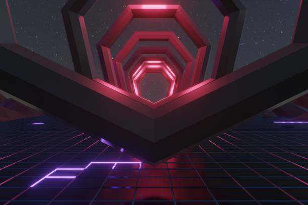 istock 3d render, glowing lines, tunnel, neon lights, virtual reality, abstract background, square portal, arch, pink blue spectrum vibrant colors, laser show 1453703673