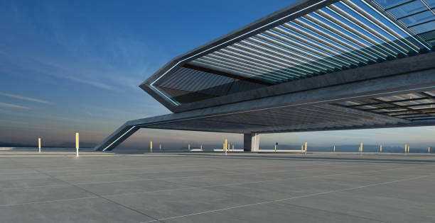 istock Perspective view of empty floor and modern rooftop building 1453703771
