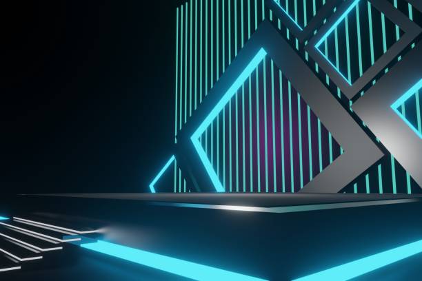 istock 3d render, glowing lines, tunnel, neon lights, virtual reality, abstract background, square portal, arch, pink blue spectrum vibrant colors, laser show 1453703785