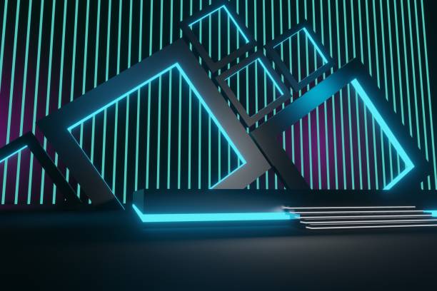 istock 3d render, glowing lines, tunnel, neon lights, virtual reality, abstract background, square portal, arch, pink blue spectrum vibrant colors, laser show 1453703824