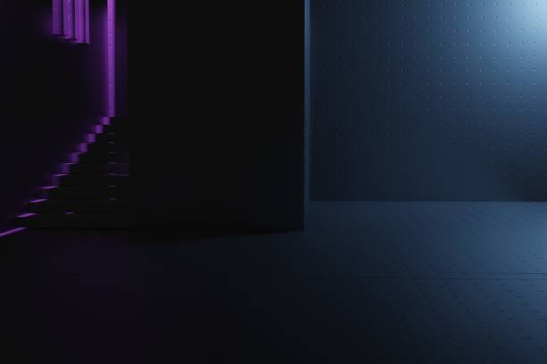 istock 3d render, glowing lines, tunnel, neon lights, virtual reality, abstract background, square portal, arch, pink blue spectrum vibrant colors, laser show 1453704347
