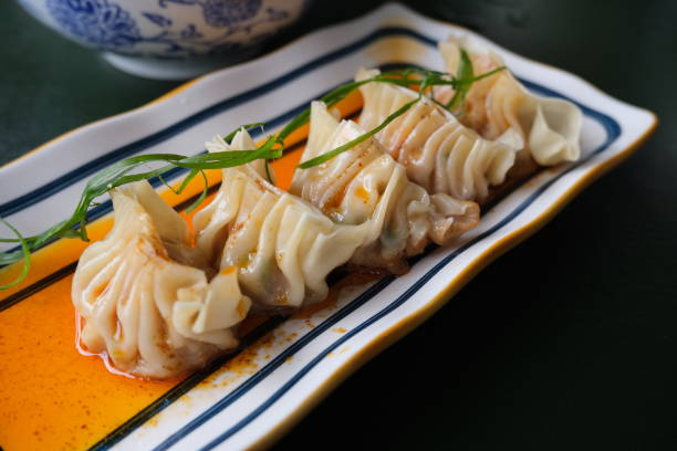 istock Gyoza or dumplings snack served on long plate, selective focus, copy space. 1453704527