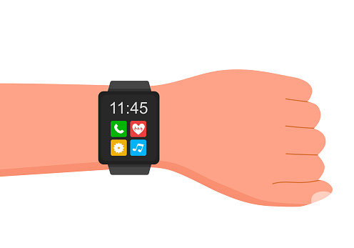Smartwatch on hand in flat design on white background.