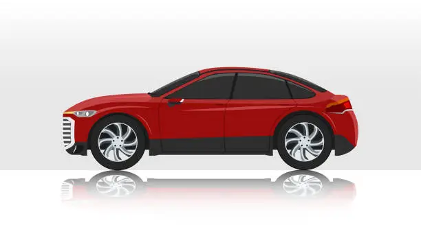 Vector illustration of Concept vector illustration of detailed side of a flat red car. with shadow of car on reflected from the ground below.