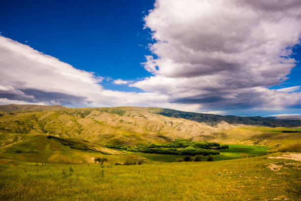 A farmland near the southern end of the Mackenzie Basin, in the South Island of New Zealand.