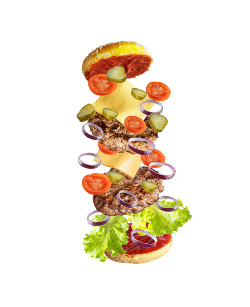 istock flying burger with two cutlets. levitating burger ingredients. isolated on white. 1453712773