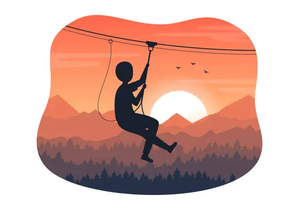 Vector illustration of Zip Line Illustration with Visitors Walking on an Obstacle Course and Outdoor Rope Adventure Park in Forest in Flat Cartoon Hand Drawn Templates