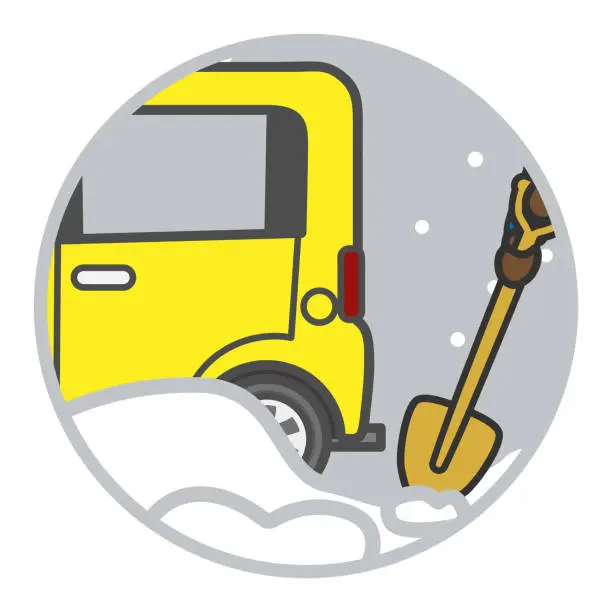 Vector illustration of Keep car's exhaust pipes clear from snow in stuck - close-up, shovel