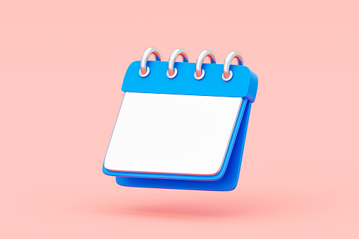Blue calendar 3d icon date schedule isolated on pink background with empty time reminder plan appointment agenda concept or white paper organizer planner calender and blank timetable meeting page.