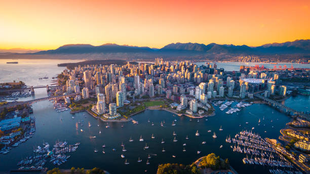 Beautiful aerial view of downtown Vancouver skyline, British Columbia, Canada at sunset Beautiful aerial view of downtown Vancouver skyline, British Columbia, Canada at sunset vancouver canada stock pictures, royalty-free photos & images