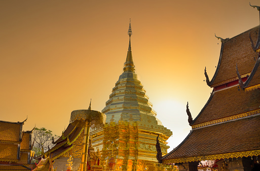 Wat Chedi Luang at sunset( Temple of the Great Stupa ). It is one of the most beautiful temple architectures in northern Thailand. Chiang Mai Town, Thailand