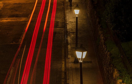 Street lamps on street at night. Madrid, Spain