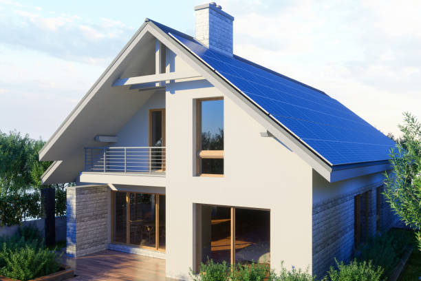 istock Modern Villa Exterior With Solar Panels On The Roof 1453724105