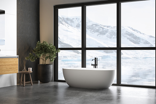 Modern bathroom interior with concrete floor, white oval bathtub and white basin, shower, plant and snowy mountain view from windows. Minimalist bathroom with modern furniture. 3D rendering