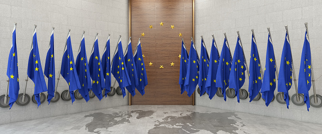 European Union EU Flags in a Row. 3D Render
