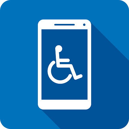 Vector illustration of a smartphone with wheelchair icon against a blue background in flat style.