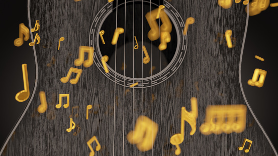 Guitar with Golden Musical Notes. 3D Render