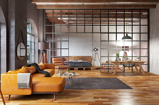 Industrial Style Loft Open Space Living Room and Bedroom. 3D Render