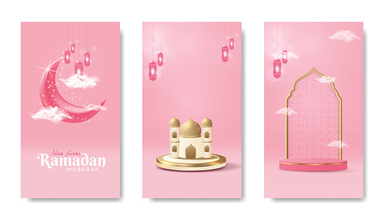 Set ramadan islamic banner illustration story social media template. Peach or pink color portrait background design