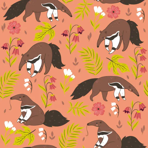 Vector illustration of Seamless pattern with cute anteaters and flowers. Vector graphics.
