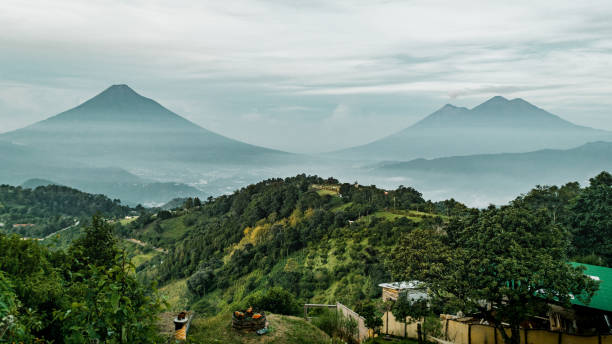 Green plants on hills and Volcan de Fuego mountains on the horizon in Antigua, Guatemala A beautiful landscape view of green plants on hills and Volcan de Fuego mountains on the horizon in Antigua, Guatemala guatemala stock pictures, royalty-free photos & images