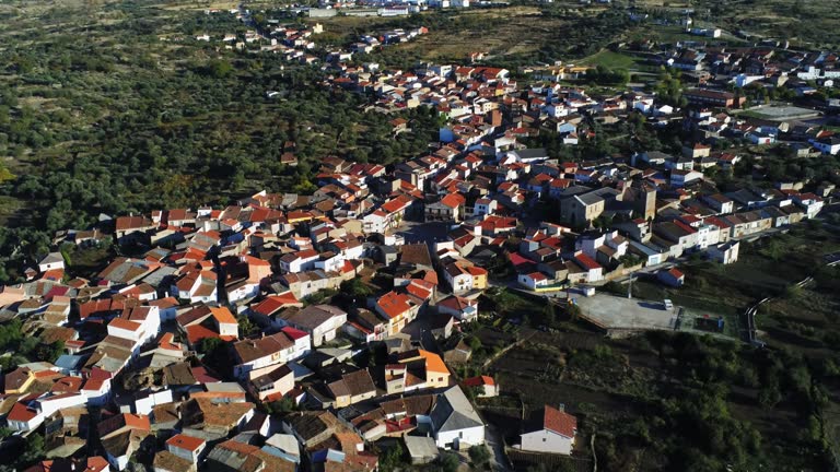 Aerial view of houses in the village of Salamanca, Spain. Drone Footage