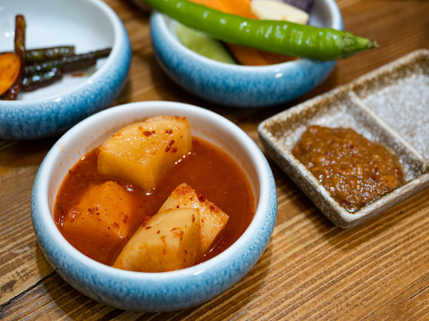 diced radish kimchi is a variety of kimchi in Korean cuisine. Usually, Korean radish is used, but other vegetables or fruits can also be used.