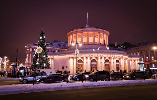 Russia. Night St. Petersburg. Vostaniya Square. December 17, 2022. stock photo