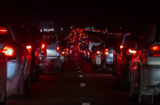 istock View of backed up highway traffic during a night time 1453735837
