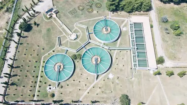 An aerial view of recirculation solid contact clarifier sedimentation tank - Industrial water treatment