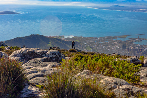 Cape Town, South Africa – April 04, 2022: view from on top of Table Mountain South Africa of landmark stadium and ocean