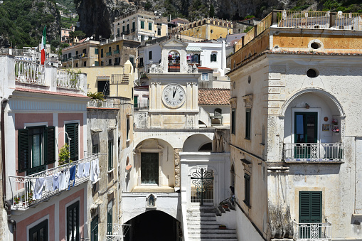 An aerial view of buildings in the skyline of Atrani, Italy