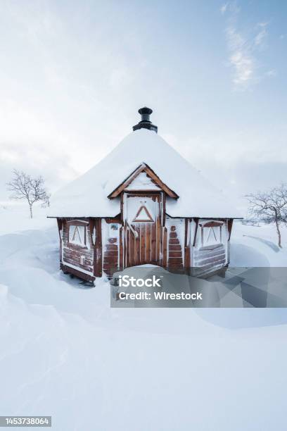 Lappish Hut Covered In Snow Stock Photo - Download Image Now - Blue, Built Structure, Circle