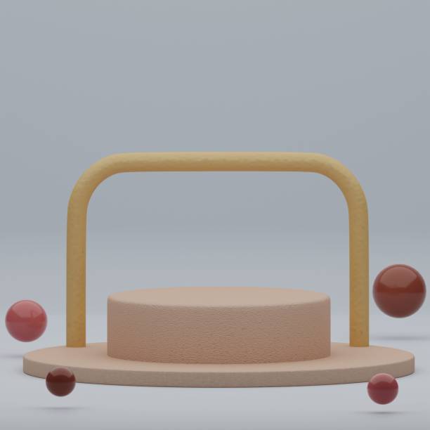 istock 3d rendered circle beige podium with red balls isolated on grey background 1453739892
