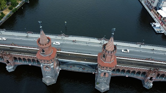 Aerial view of the Oberbaumbrucke bridge over a lake in Berlin, Germany