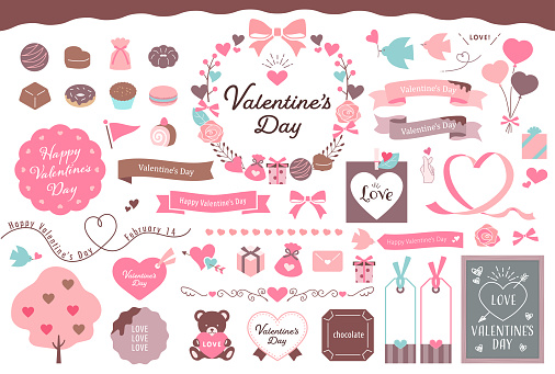 Valentine's Day Illustrations and Decorations.This collection includes speech balloon, doodles, arrows, heart shape, chocolates, ribbons and more.