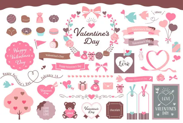 Vector illustration of Valentine's Day Illustrations and Decorations.This collection includes speech balloon, doodles, arrows, heart shape, chocolates, ribbons and more.