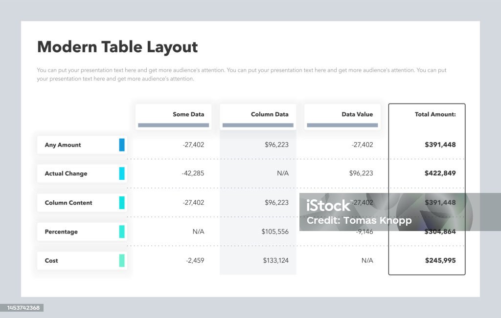 Table Layout Statistics Modern Table Layout Template With A Total Amount Column Stock ...