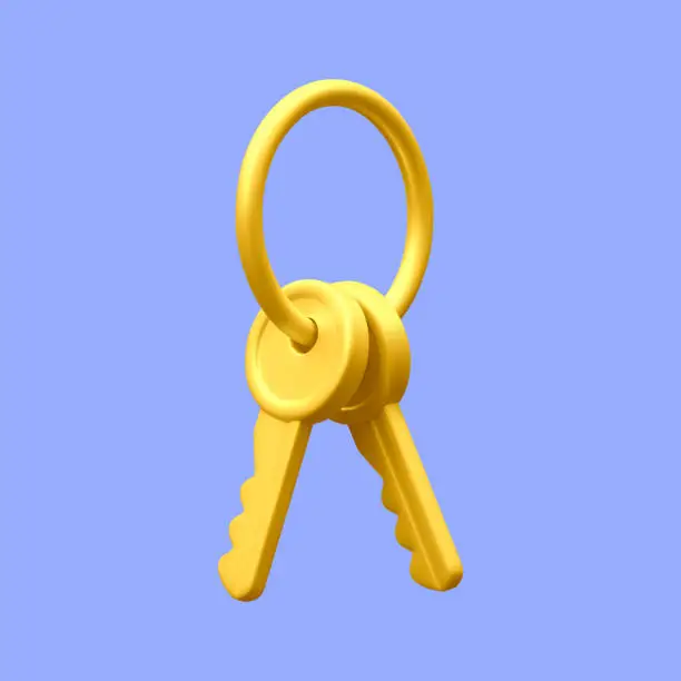 Vector illustration of 3d realistic golden bunch of keys isolated in light background. Vector illustration