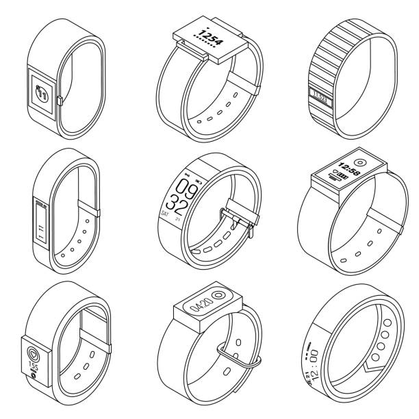 Fitness tracker icons set vector outline Fitness tracker icons set. Isometric set of fitness tracker vector icons outline vector on white background fitness tracker illustration stock illustrations