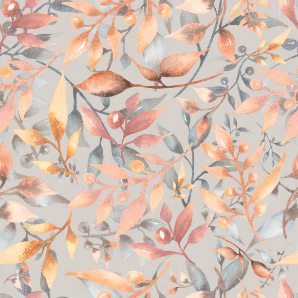 istock Seamless watercolor pattern with  floral in trendy dark, burgundy, grey yellow and grey neutral colors.  modern color.Hand drawn decor patterns with florals decoration. 1453747232