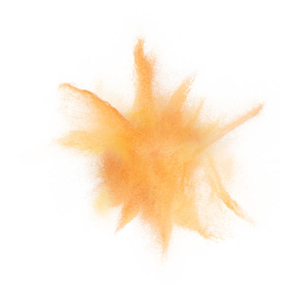 istock Small size fine orange Sand flying explosion around every direction, disintegrate, sands grain wave explode. Abstract cloud fly. orange colored sand splash throwing in Air. White background Isolated 1453748961