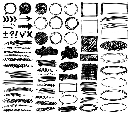 Set of simple doodle lines, curves, frames, speech bubbles and different shapes. Hand drawn vector design elements.