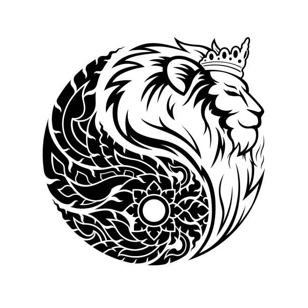 ilustrações, clipart, desenhos animados e ícones de yin yang símbolo preto e branco tailandês arte leão rainha cabeça - coroa enfeites para a cabeça