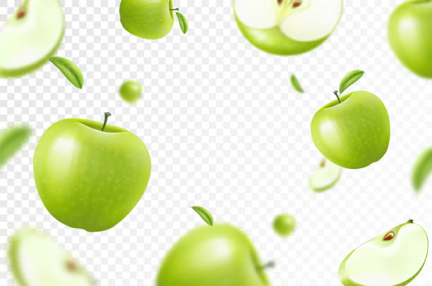 Apple background. Flying whole, half and slices of fresh apples. With blurry effect. Can be used for wallpaper, banner, poster, print, fabric, wrapping paper. Realistic 3d vector illustration. Apple background. Flying whole, half and slices of fresh apples. With blurry effect. Can be used for wallpaper, banner, poster, print, fabric, wrapping paper. Realistic 3d vector illustration. green apple slices stock illustrations