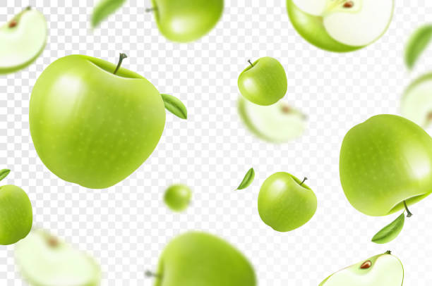 apple-hintergrund. fliegen ganze, halbe und scheiben frischer äpfel. unscharfer und verschwommener effekt. kann für tapeten, banner, poster, druck, stoff, geschenkpapier verwendet werden. realistische 3d-vektordarstellung. - apfel stock-grafiken, -clipart, -cartoons und -symbole