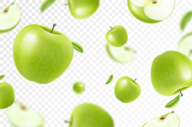 Apple background. Flying whole, half and slices of fresh apples. Unfocused and blurry effect. Can be used for wallpaper, banner, poster, print, fabric, wrapping paper. Realistic 3d vector illustration. Apple background. Flying whole, half and slices of fresh apples. Unfocused and blurry effect. Can be used for wallpaper, banner, poster, print, fabric, wrapping paper. Realistic 3d vector illustration. green apple slices stock illustrations