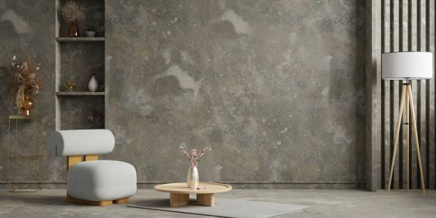 istock Style loft interior with gray armchair on dark cement wall. 1453752734